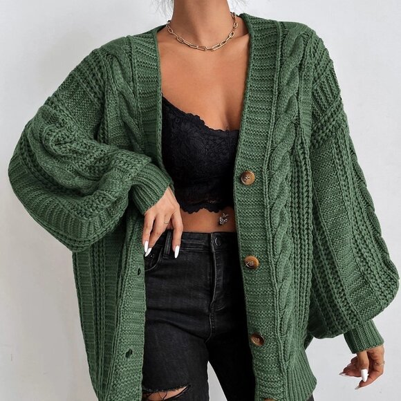 . Sweaters - Green Casual Womens Solid Button Front Cable Knit Cardigan